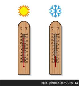 Vector Wood Thermometer temperature warm and cold isolated on white background , 40 and -20 Celsius hot summer , cold winter
