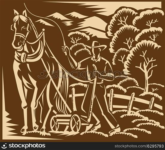 Vector woodcut style illustration of a farmer and horse farming plowing farm field with trees and mountains in the background.. Farmer Farming Plowing With Farm Horse Retro