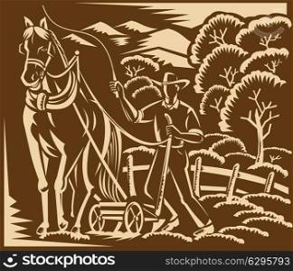 Vector woodcut style illustration of a farmer and horse farming plowing farm field with trees and mountains in the background.. Farmer Farming Plowing With Farm Horse Retro