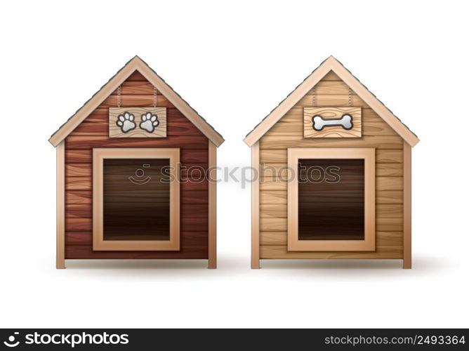 Vector wooden dog houses different colors isolated on white background. Wooden dog houses