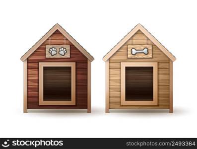 Vector wooden dog houses different colors isolated on white background. Wooden dog houses