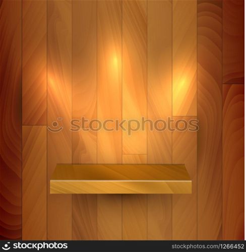 Vector wooden empty realistic bookshelf with lights illustration