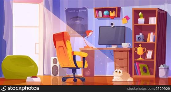 Vector workplace with computer for study and cat. Boy or girl teen interior room furniture with desk, monitor, poster, goblet and armchair. Streaming setup teenage flat illustration with pc and webcam. Vector workplace with computer for study and cat