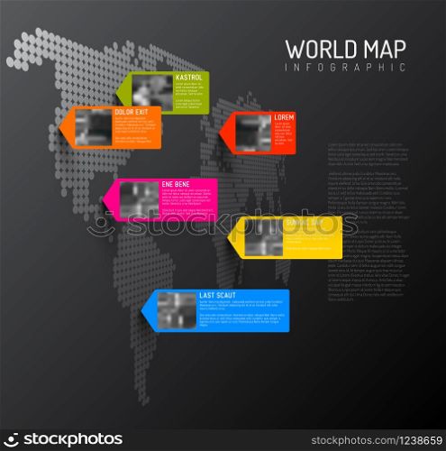 Vector World map template with pointers and photo placeholders - dark version. World map template with photo pins