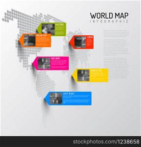 Vector World map template with pointers and photo placeholders. World map template with photo pins