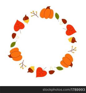 Vector wreath of autumn leaves and fruit in watercolor style. Beautiful round wreath of yellow and red leaves, acorns, berries, cones and branches. Decor for invitations, greeting cards. Vector wreath of autumn leaves and fruit in watercolor style. Beautiful round wreath of yellow and red leaves, acorns, berries, cones and branches. Decor for invitations, greeting cards, posters.