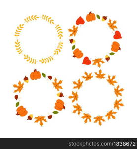 Vector wreath of autumn leaves and fruit in watercolor style. Beautiful round wreath of yellow and red leaves, acorns, berries, cones and branches. Decor for invitations, greeting cards. Vector wreath of autumn leaves and fruit in watercolor style. Beautiful round wreath of yellow and red leaves, acorns, berries, cones and branches. Decor for invitations, greeting cards, posters.