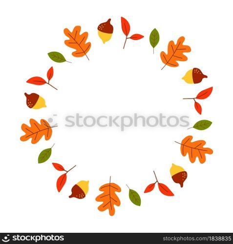 Vector wreath of autumn leaves and fruit in watercolor style. Beautiful round wreath of yellow and red leaves, acorns, berries, cones and branches. Decor for invitations, greeting cards. Vector wreath of autumn leaves and fruit in watercolor style. Beautiful round wreath of yellow and red leaves, acorns, berries, cones and branches. Decor for invitations, greeting cards, posters.