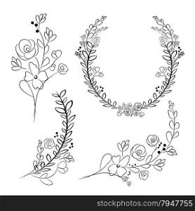 Vector wreaths and laurel wreaths. Round flower vector frames. Hand drawn design elements set.