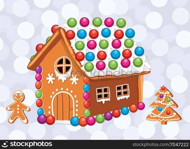 vector xmas card with colorful gingerbread house, gingerbread cookies of man and christmas tree with sugar icing decoration. christmas holiday food background. sweet ginger bread dessert. eps10