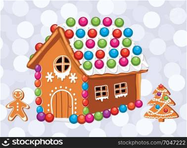 vector xmas card with colorful gingerbread house, gingerbread cookies of man and christmas tree with sugar icing decoration. christmas holiday food background. sweet ginger bread dessert. eps10