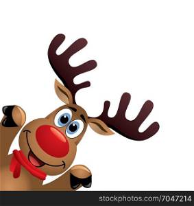 vector xmas drawing of funny red nosed reindeer. christmas card illustration. cartoon rudolph deer with red scarf and big horns on white background, blank copy space