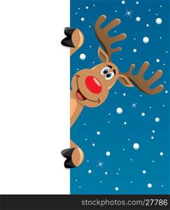 vector xmas illustration of happy rudolph deer holding blank paper for your text