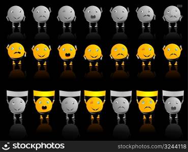 Vector yellow and gray emotions smileys on the black background