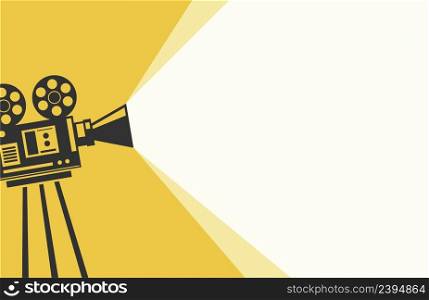 Vector yellow and white background with lighting old fashioned movie camera on the tripod. Vector yellow and white background with lighting old fashioned camera on the tripod