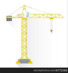 vector yellow color flat design construction tower crane white cabin illustration isolated white background long shadow&#xA;
