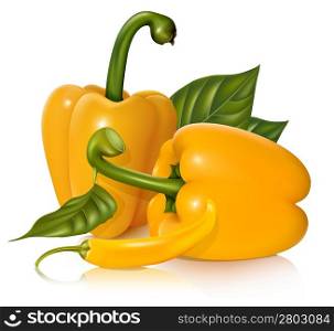 Vector yellow sweet and chili peppers with leaves.