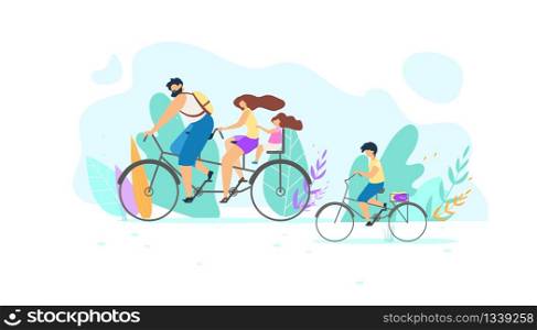 Vector Young Family Riding Bike on Nature. Illustration Young Guy Pedaling. Little Girl Daughter Holding on Mom Active Sport Active Lifestyle Life Position Being in Motion Training in Air.