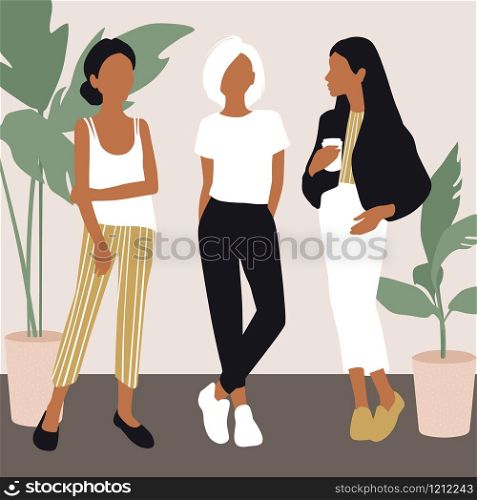 Vector young women dressed in trendy clothes standing in the room. Girls in Flat style. Abstract people illustration. Female cartoon characters.. Vector young women dressed in trendy clothes standing in the room.