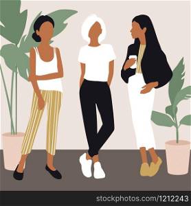 Vector young women dressed in trendy clothes standing in the room. Girls in Flat style. Abstract people illustration. Female cartoon characters.. Vector young women dressed in trendy clothes standing in the room.