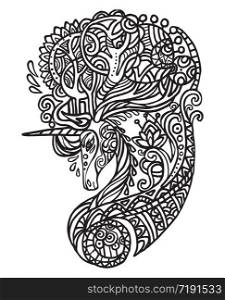 Vector zentangle doodle coloring antistress with forest unicorn isolated on white background. Illustration for decorate tee shirt, stationery, adult antistress coloring book.Stock illustration