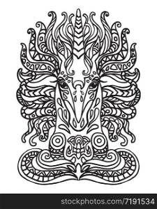 Vector zentangle doodle coloring antistress with ornamental unicorn portrait isolated on white background. Illustration for decorate tee shirt, stationery, adult antistress coloring book.Stock illustration