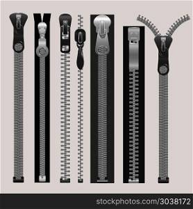 Vector zippers, fastener vector set. Vector zippers, fastener vector set. Fashion fastener, zippers for cloth, zipper metal, connection zippers illustration