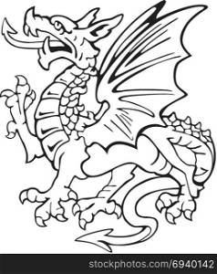 Vectorial pictogram of most heraldic monster - dragon, executed in style of gravure on wood. No dlends, gradients and strokes.