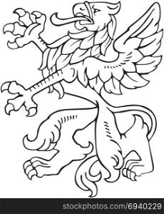Vectorial pictogram of most heraldic monster - gryphon, executed in style of gravure on wood. No dlends, gradients and strokes.