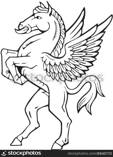 Vectorial pictogram of most heraldic monster - pegasus, executed in style of gravure on wood. No dlends, gradients and strokes.