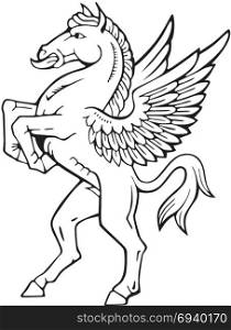 Vectorial pictogram of most heraldic monster - pegasus, executed in style of gravure on wood. No dlends, gradients and strokes.