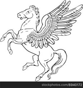 Vectorial pictogram of most heraldic monster - pegasus, executed in style of gravure on wood. No dlends, gradients and strokes.