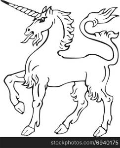 Vectorial pictogram of most heraldic monster - unicorn, executed in style of gravure on wood. No dlends, gradients and strokes.