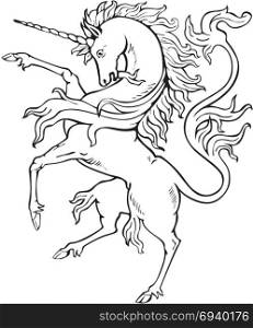 Vectorial pictogram of most heraldic monster - unicorn, executed in style of gravure on wood. No dlends, gradients and strokes.