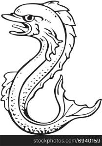 Vectorial pictogram of most heraldic sea monster - dolphin, executed in style of gravure on wood. No dlends, gradients and strokes.