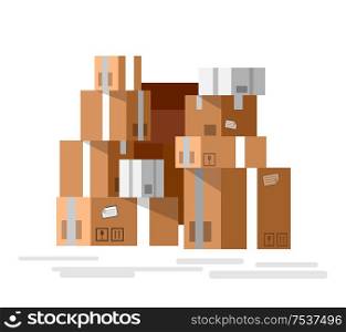 VectorPile of stacked sealed goods cardboard boxes. Detailed mail box. VectorPile of stacked sealed goods