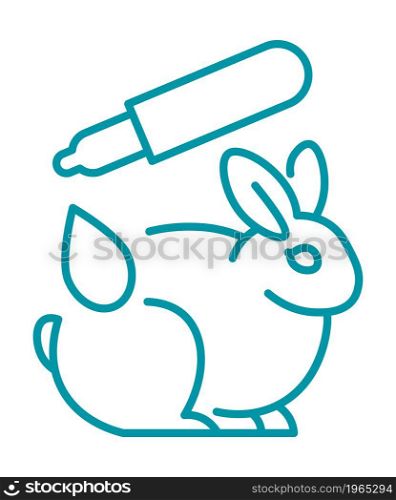 Vegan and ecologically friendly products label, isolated sign of not tested on animals. Bunny with liquid, cosmetics or perfume. No to cruelty and violent behavior. Line art, simple vector in flat. Not tested on animals, vegan and eco products