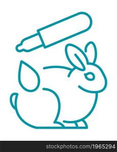Vegan and ecologically friendly products label, isolated sign of not tested on animals. Bunny with liquid, cosmetics or perfume. No to cruelty and violent behavior. Line art, simple vector in flat. Not tested on animals, vegan and eco products