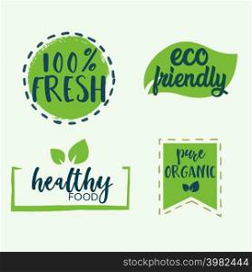 Vegan and healthy food oriented banner on the green background. 100 fresh. Vector illustration. Vegan and healthy food oriented banner on the green background. 100 fresh