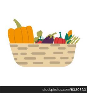Vegan and organic food. Cartoon vegetarians with natural eco food, characters with healthy lifestyle. Basket with whole pumpkin, fresh pepper, eggplant and herbs. Harvest box. Vector isolated set. Vegan and organic food. Cartoon vegetarians with natural eco food, characters with healthy lifestyle. Basket with whole pumpkin, fresh pepper, eggplant and herbs. Harvest box. Vector set
