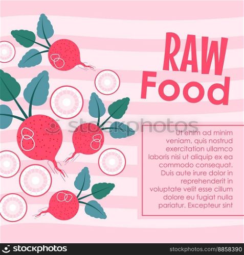 Vegan and vegetarian menu in restaurant, raw food and healthy ingredients for balanced eating and dieting. Tasty products and nourishment, farm radish organic and natural. Vector in flat style. Raw food, vegan and vegetarian menu banner info