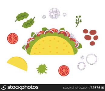 Vegan bean mexican fastfood taco recipe ingredients. Perfect for tee, stickers, menu and stationery. Isolated vector illustration for decor and design. 