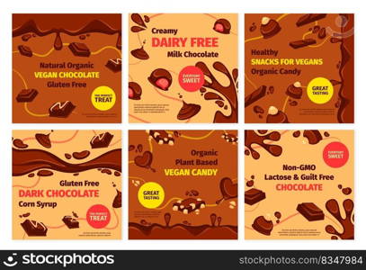 Vegan chocolate promotion, social media design. Healthy vegetarian sweet food advertising set. Sugar free product at color vector illustration. Organic brown snack without gluten. Vegan chocolate promotion, social media design