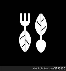Vegan cutlery dark mode glyph icon. Environmentally friendly products. Reusable tableware. Picnic utensils. Spoon and fork. White silhouette symbol on black space. Vector isolated illustration. Vegan cutlery dark mode glyph icon