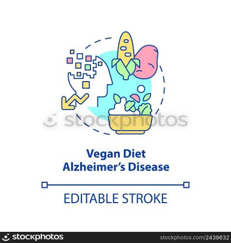 Vegan diet and Alzheimer disease concept icon. Veganism and illness abstract idea thin line illustration. Isolated outline drawing. Editable stroke. Arial, Myriad Pro-Bold fonts used. Vegan diet and Alzheimer disease concept icon