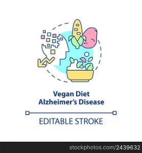 Vegan diet and Alzheimer disease concept icon. Veganism and illness abstract idea thin line illustration. Isolated outline drawing. Editable stroke. Arial, Myriad Pro-Bold fonts used. Vegan diet and Alzheimer disease concept icon