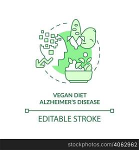 Vegan diet and Alzheimer disease green concept icon. Veganism and illness abstract idea thin line illustration. Isolated outline drawing. Editable stroke. Arial, Myriad Pro-Bold fonts used. Vegan diet and Alzheimer disease green concept icon
