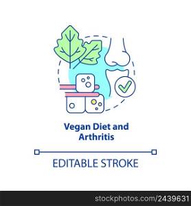 Vegan diet and arthritis concept icon. Reduce pain. Veganism and illness abstract idea thin line illustration. Isolated outline drawing. Editable stroke. Arial, Myriad Pro-Bold fonts used. Vegan diet and arthritis concept icon