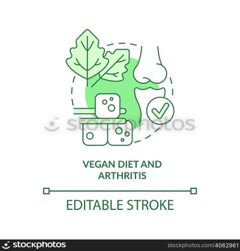 Vegan diet and arthritis green concept icon. Reduce pain. Veganism and illness abstract idea thin line illustration. Isolated outline drawing. Editable stroke. Arial, Myriad Pro-Bold fonts used. Vegan diet and arthritis green concept icon