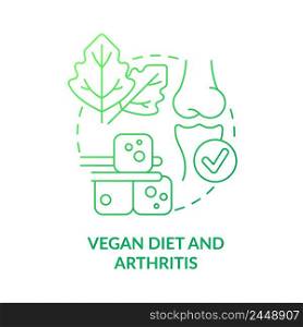 Vegan diet and arthritis green gradient concept icon. Reduce pain and swelling. Veganism and illness abstract idea thin line illustration. Isolated outline drawing. Myriad Pro-Bold font used. Vegan diet and arthritis green gradient concept icon